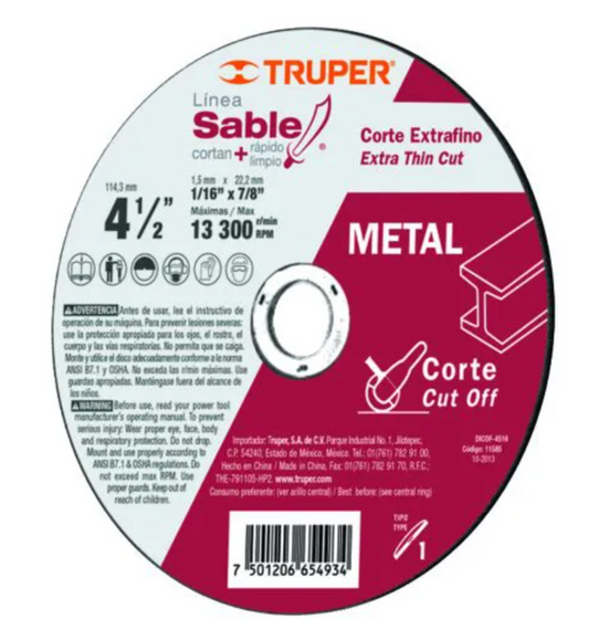 Truper, Disco Tipo 41 Corte De Metal 4-1/2"X1.0 Mm, Pieza